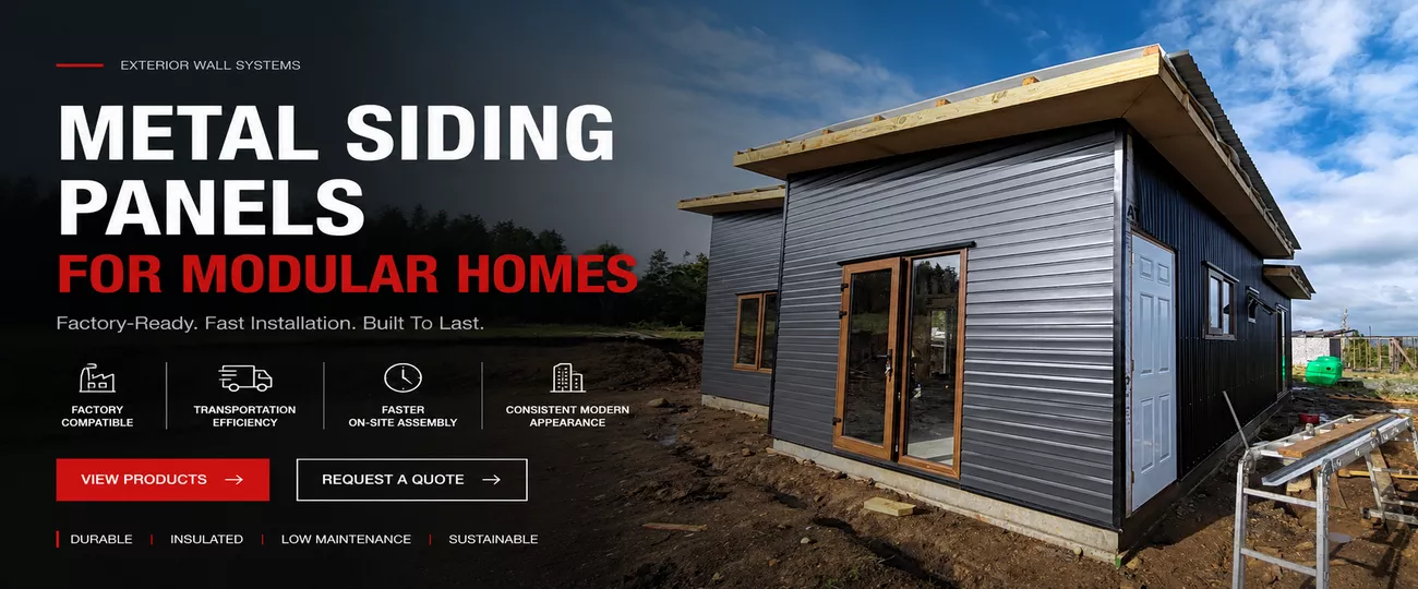 Metal siding panels for modular homes with factory-ready exterior wall systems Metal siding panels for modular homes with factory-ready exterior wall systems